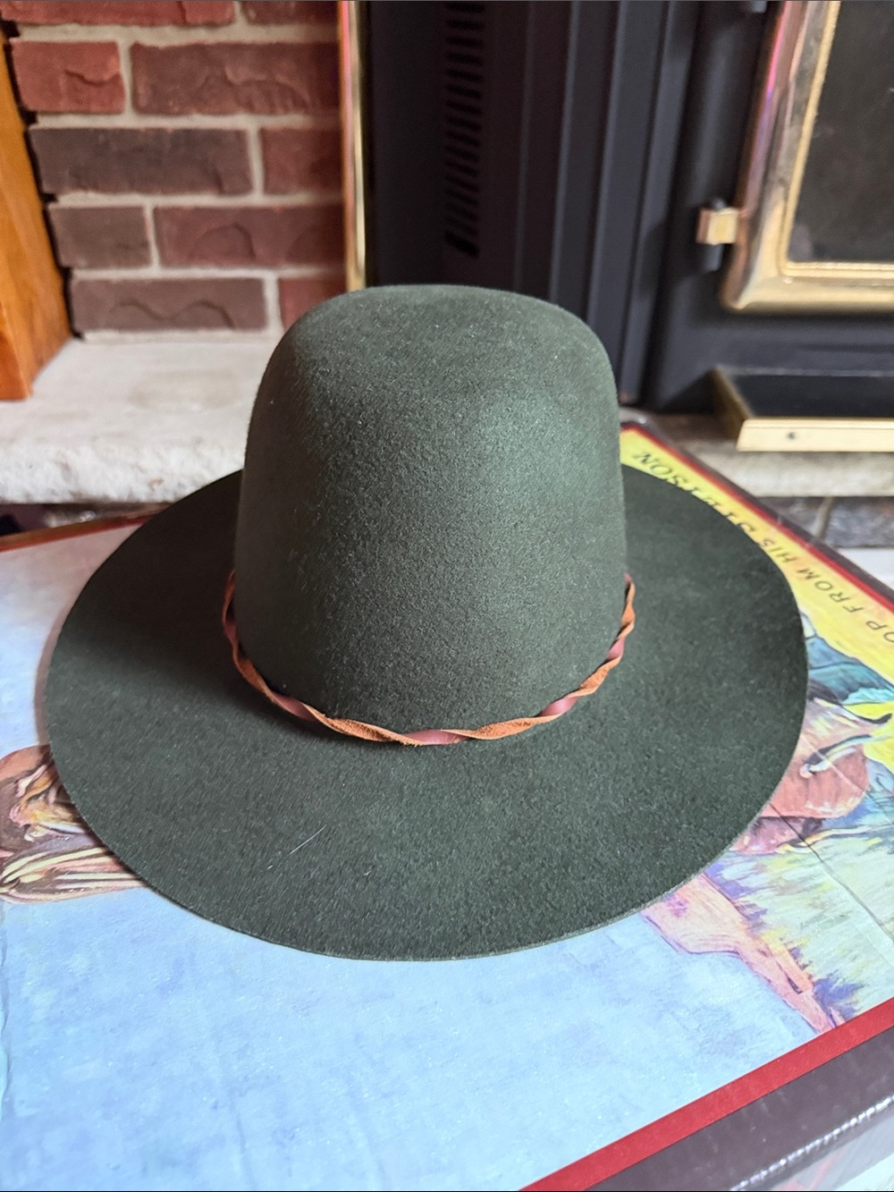 Brixton Wide Brim Felt Hat with Braided Leather Band - Olive Green